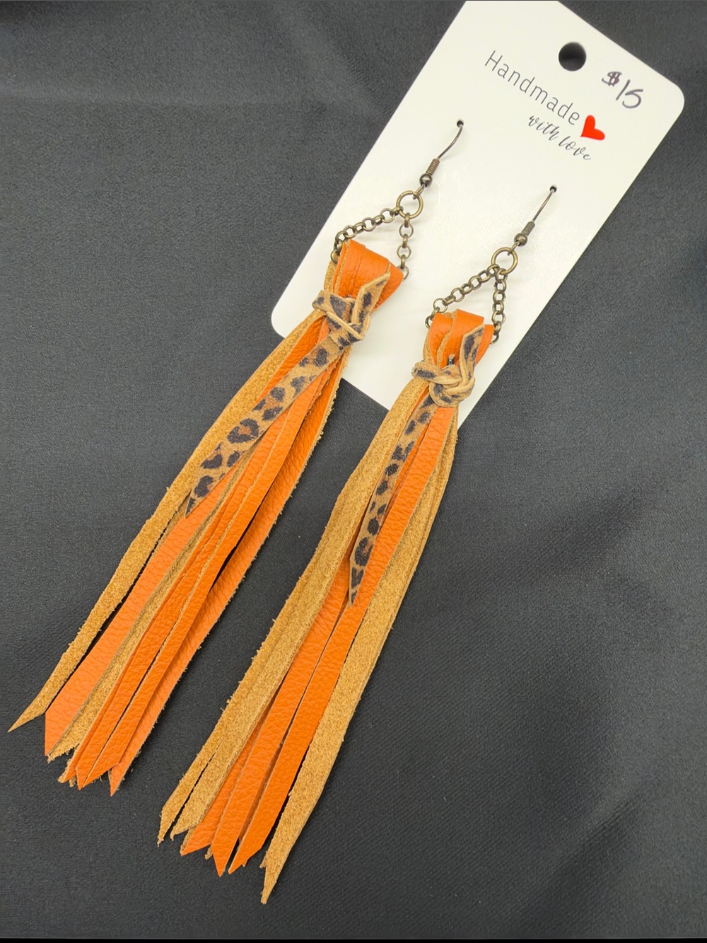 NEW Handmade Orange Leather Tassel Earrings with Leopard Accent